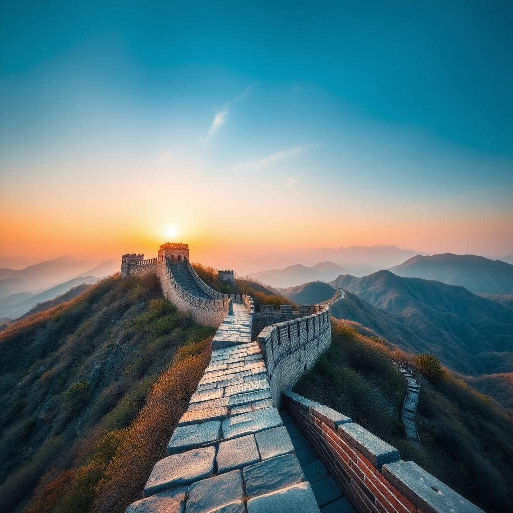 Beautiful landscape of Great Wall China with sunrise